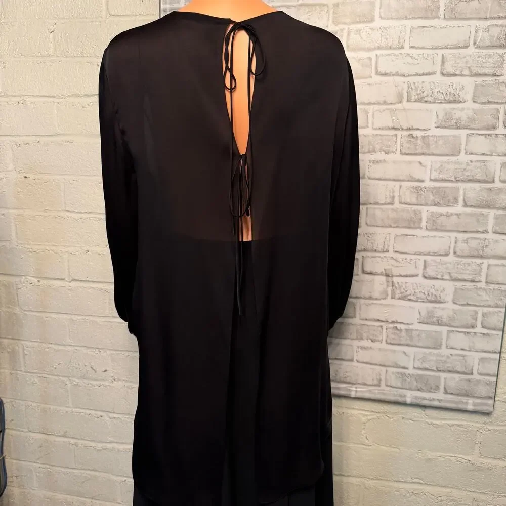 The Row Silk Sheer Tunic Top XS Black Open Back w/ Ties Bishop Sleeves Hi-Low